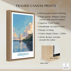 Greenwich London framed canvas print with float wooden frame and coastal artwork details