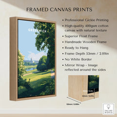Framed Greenwich London canvas wall art with wooden float frame and product details.