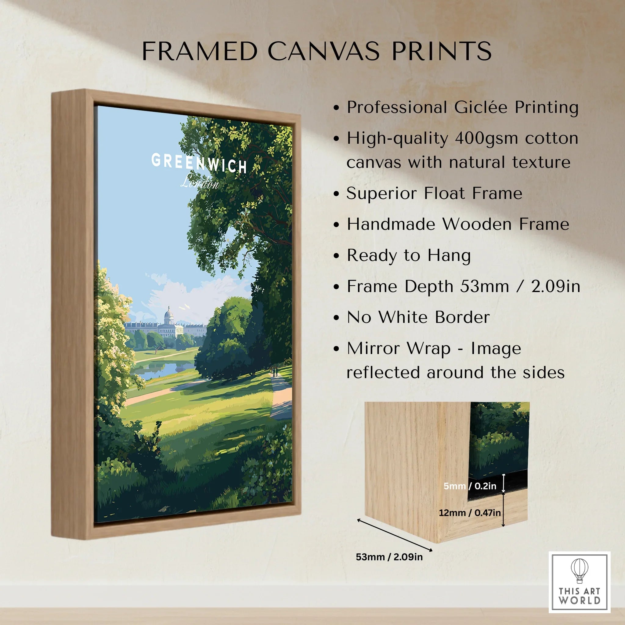 Framed Greenwich London canvas wall art with wooden float frame and product details.