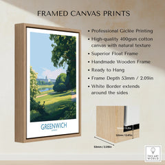 Framed canvas print of Greenwich London with wooden float frame and white border details