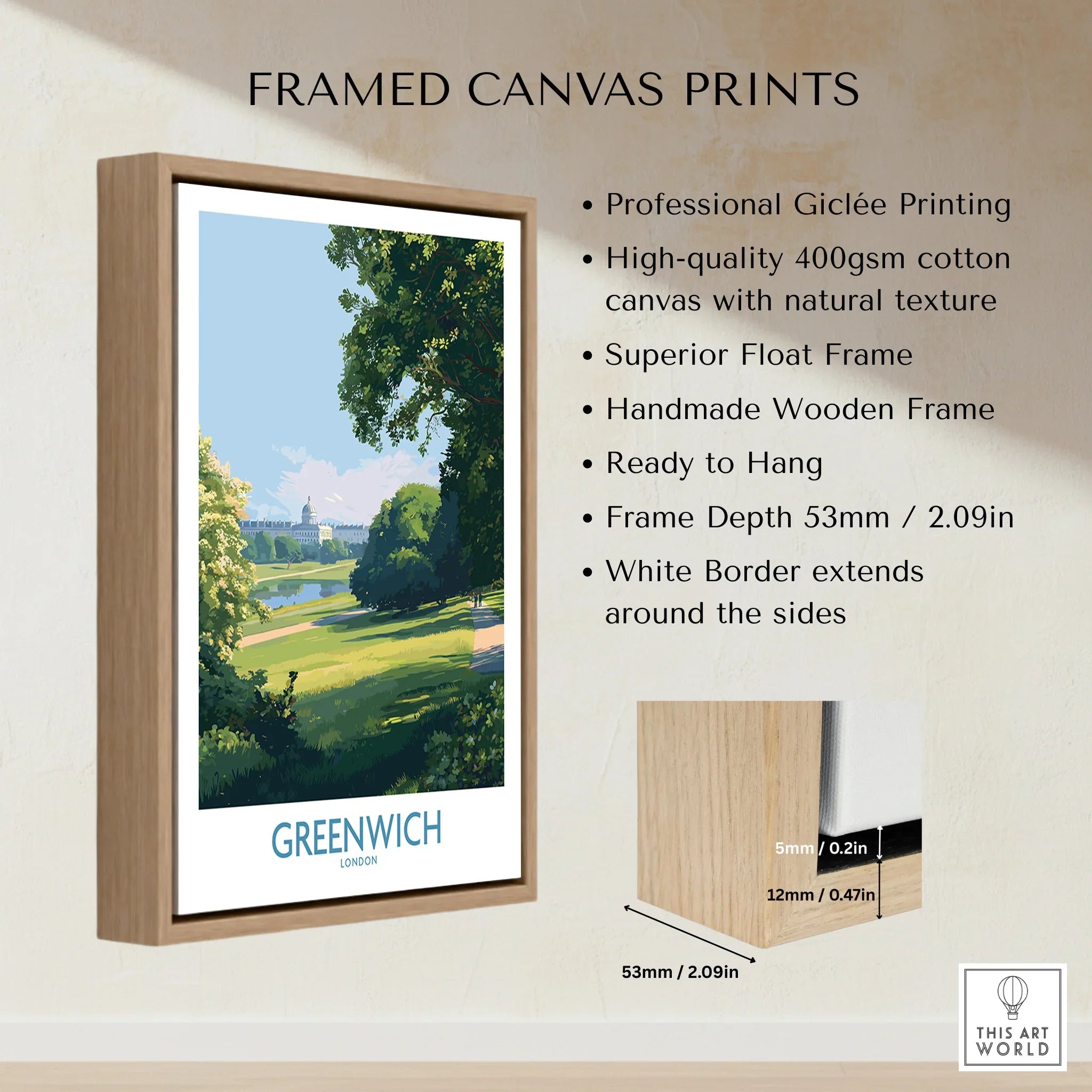 Framed canvas print of Greenwich London with wooden float frame and white border details