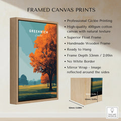 Framed canvas print with Greenwich London art, float frame, and wooden frame details shown.