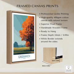 Framed canvas print with autumn tree artwork, float wooden frame, and product details.