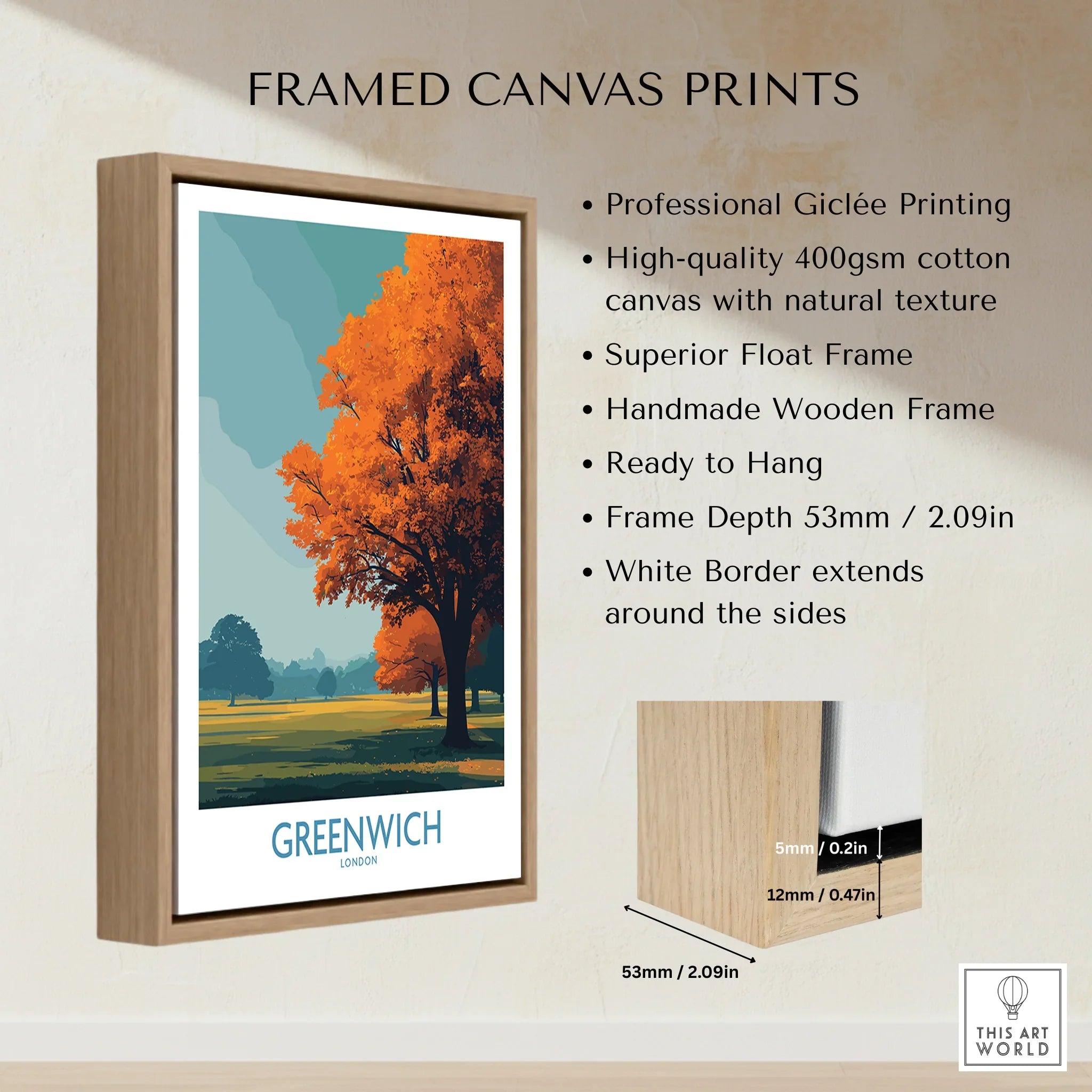 Framed canvas print with autumn tree artwork, float wooden frame, and product details.