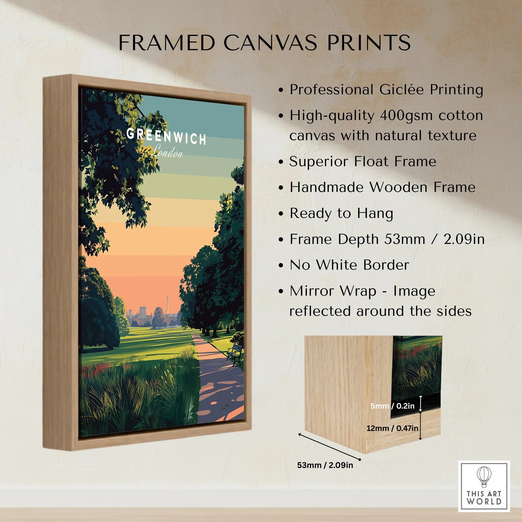 Framed canvas wall art print of Greenwich London park scene with float frame details.