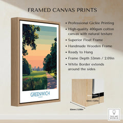 Framed Greenwich London canvas print with float frame and wall art details display.