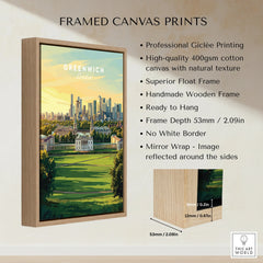 Greenwich London framed canvas print with wooden float frame, showcasing city skyline wall art details.