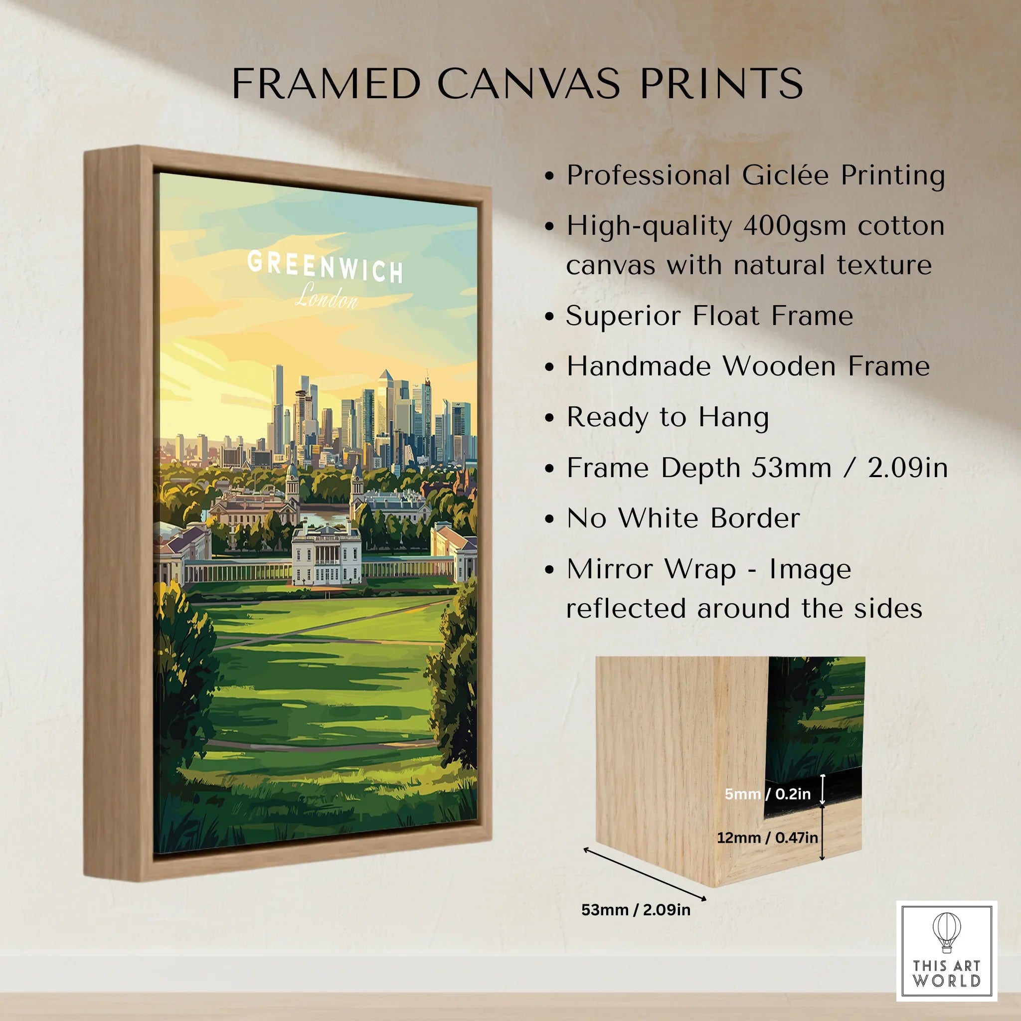Greenwich London framed canvas print with wooden float frame, showcasing city skyline wall art details.