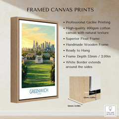 Framed Greenwich London canvas print with wooden float frame, city skyline wall art details.