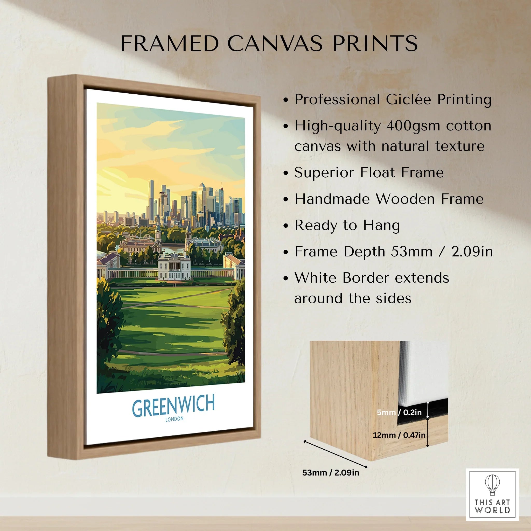 Framed Greenwich London canvas print with wooden float frame, city skyline wall art details.