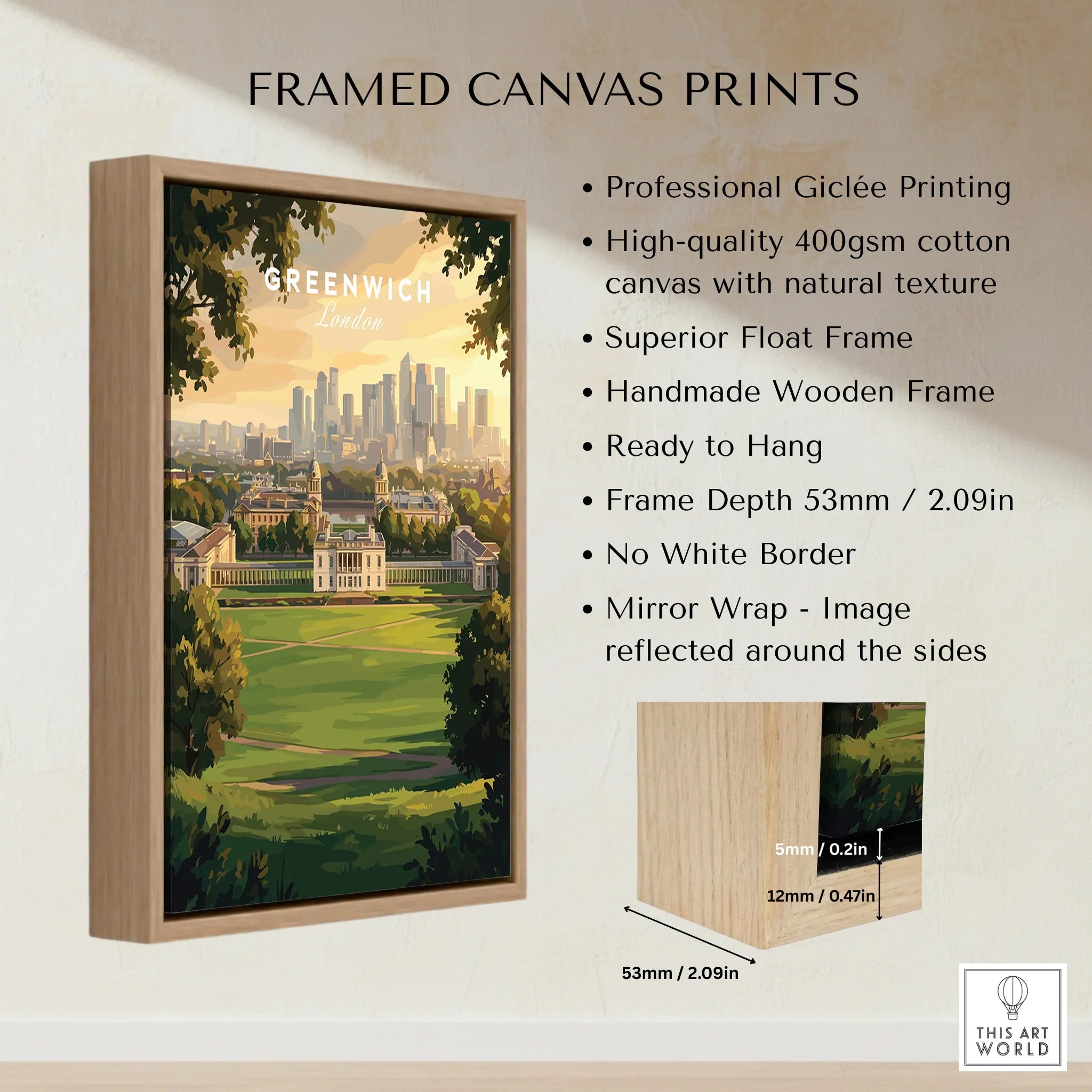 Framed Greenwich London wall art print with wooden float frame and product details