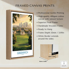 Framed Greenwich London wall art canvas print with float frame and product details