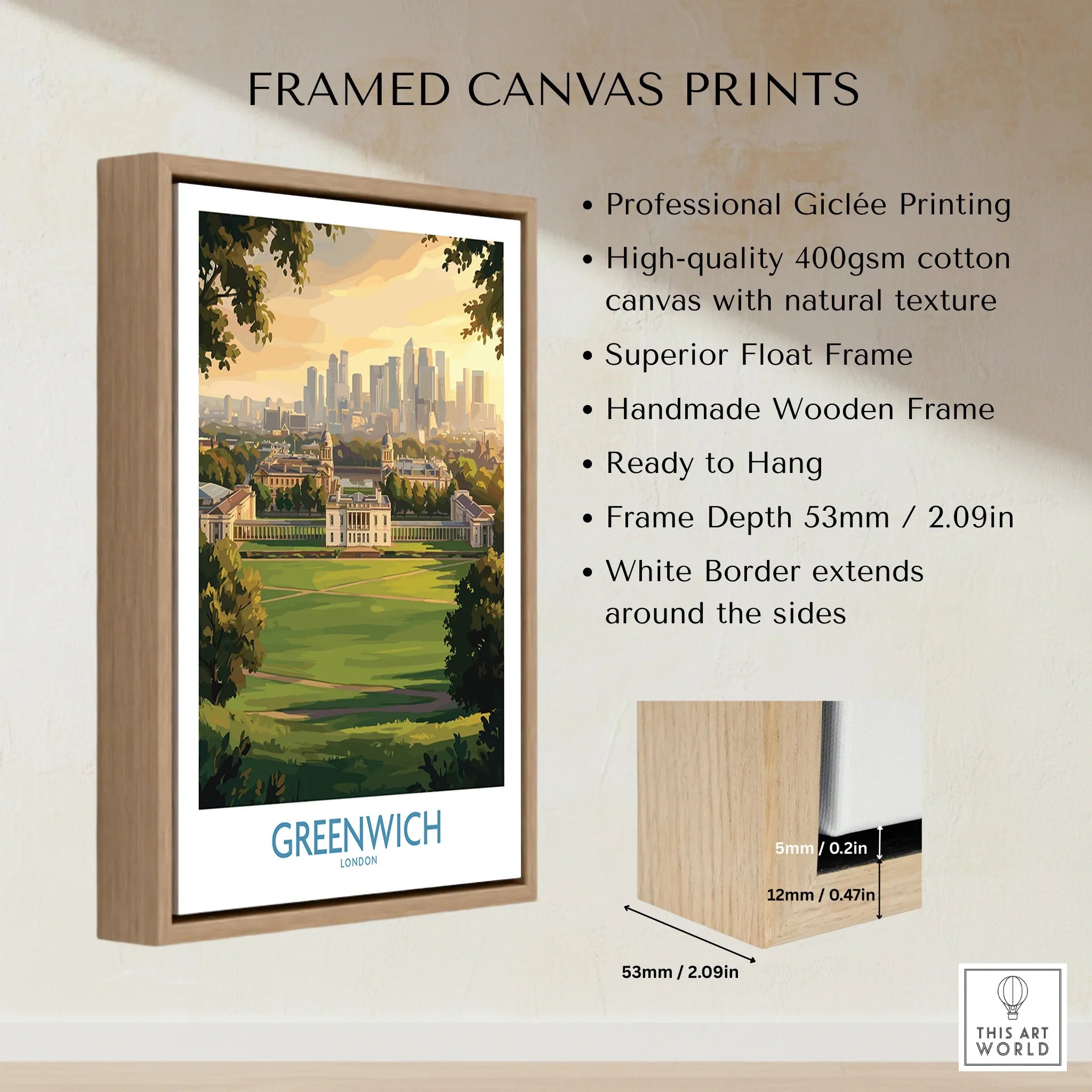 Framed Greenwich London wall art canvas print with float frame and product details