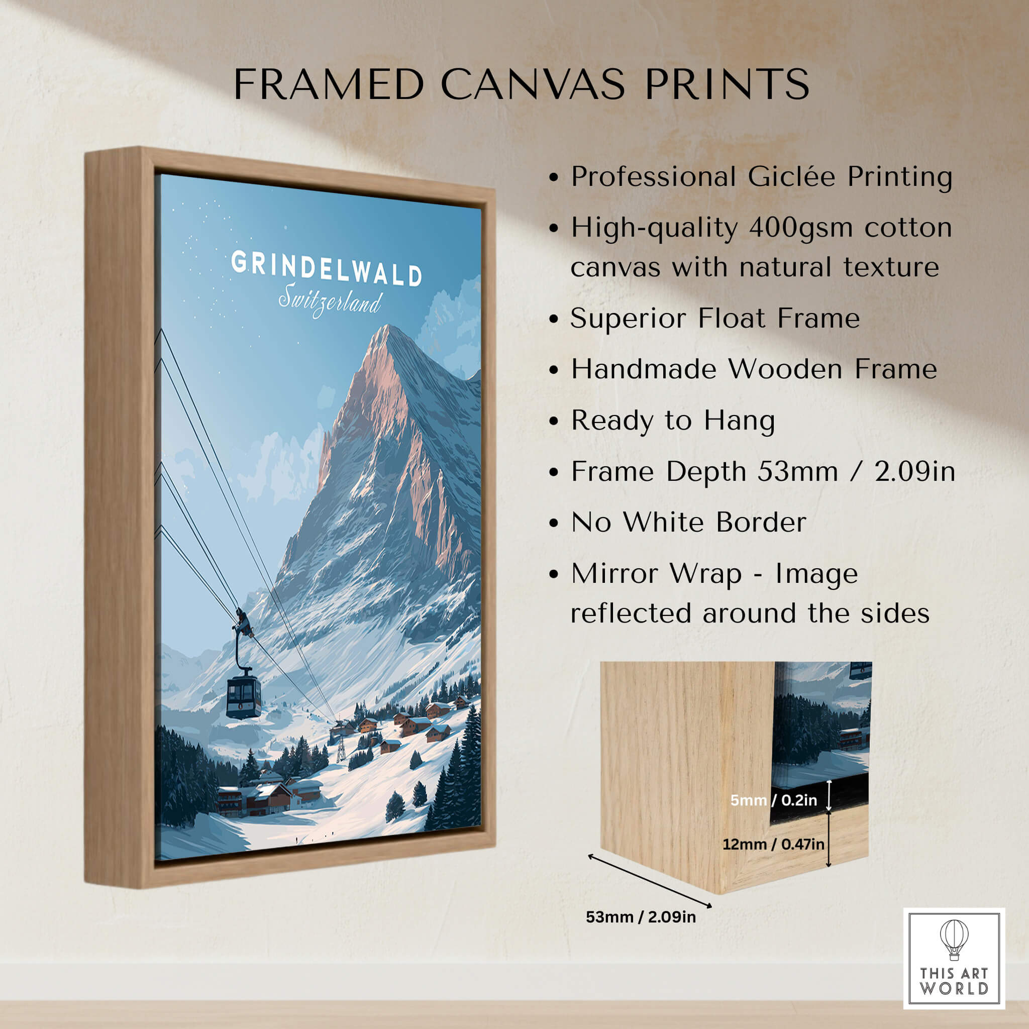 Grindelwald Switzerland Wall Art Print | Alpine Cable Car Travel Posters framed canvas print showcasing mountain scenery.