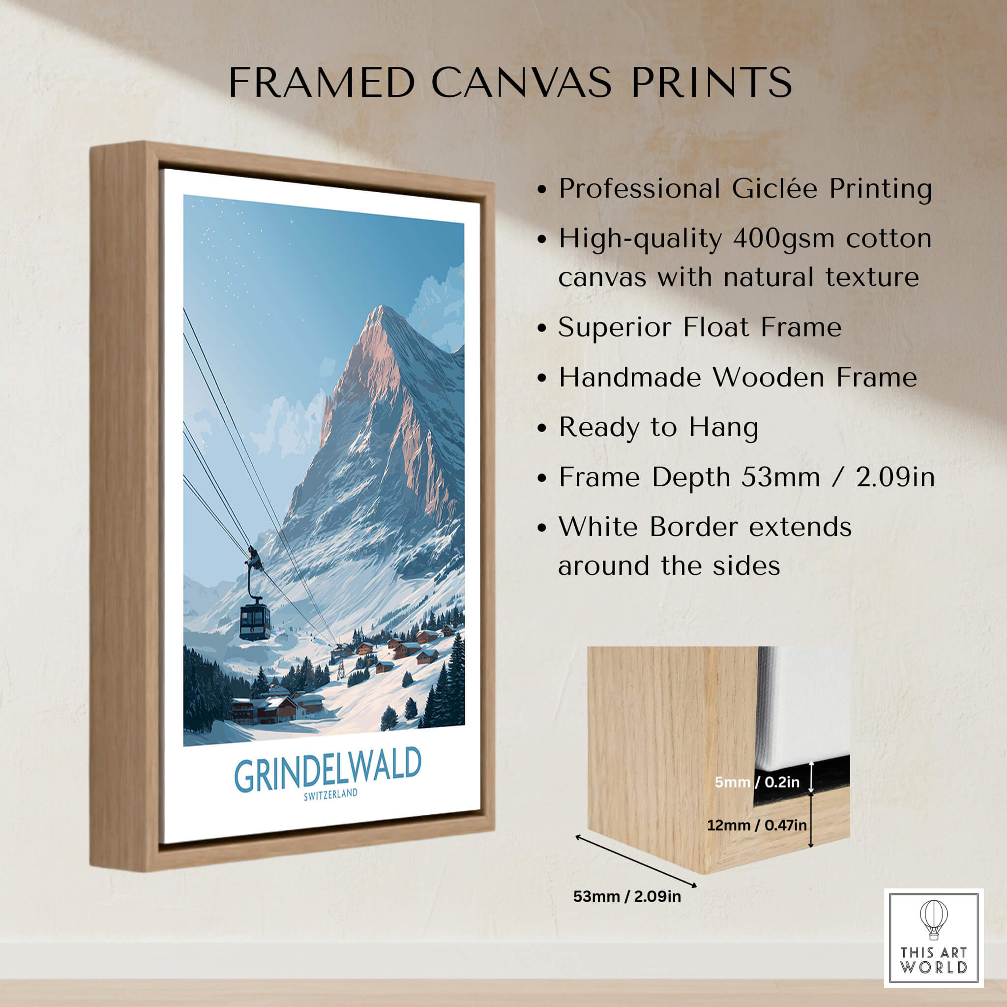 Grindelwald Switzerland Poster | Snowy Alps Mountain Scene Canvas Print featuring framed artwork and mountain landscape.