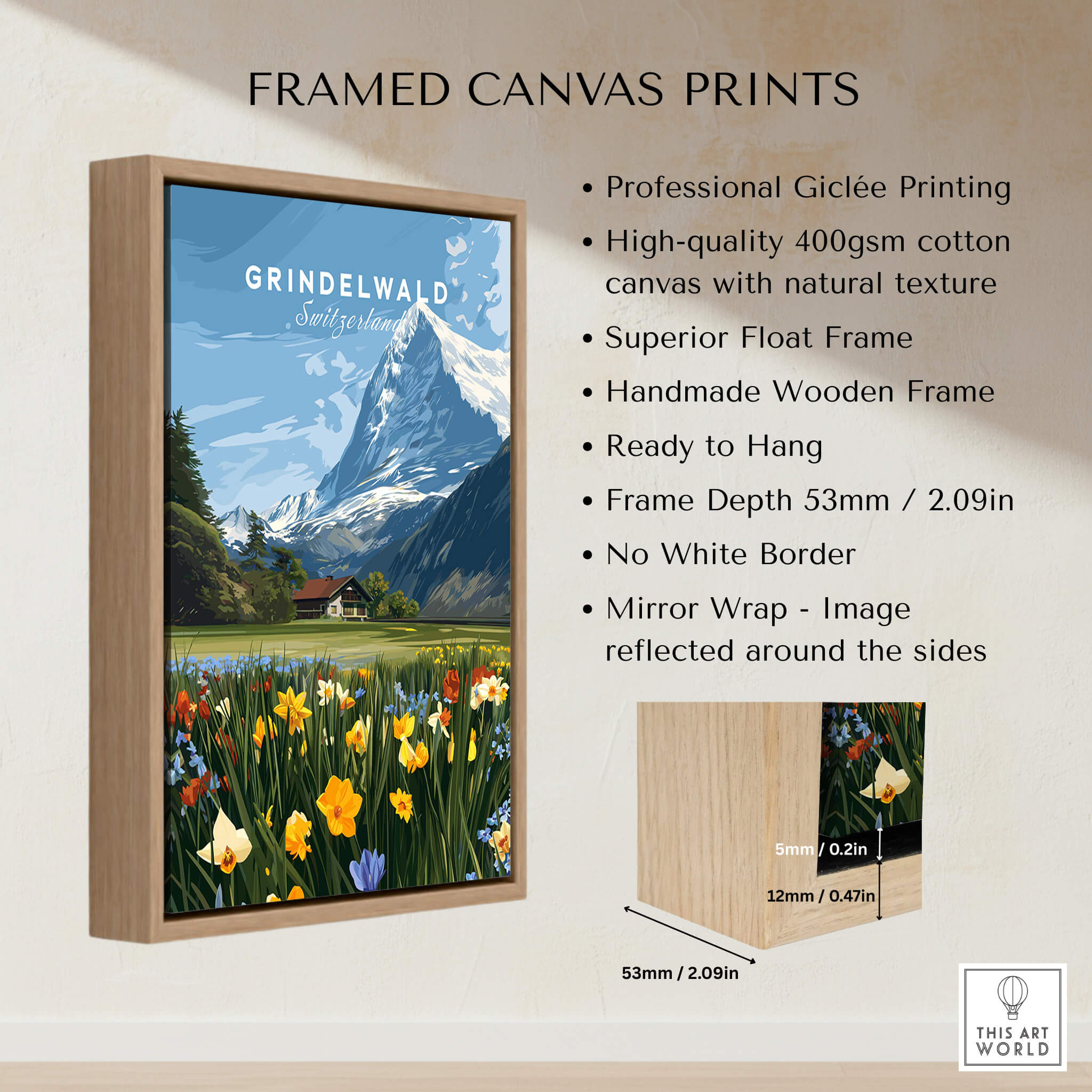 Grindelwald Switzerland Travel Poster | Alpine Wildflower Meadow Wall Art Print framed canvas print showcasing vibrant alpine flora.
