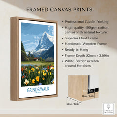 Grindelwald Switzerland Canvas Print | Scenic Swiss Village Landscape Poster framed with a natural wooden border.