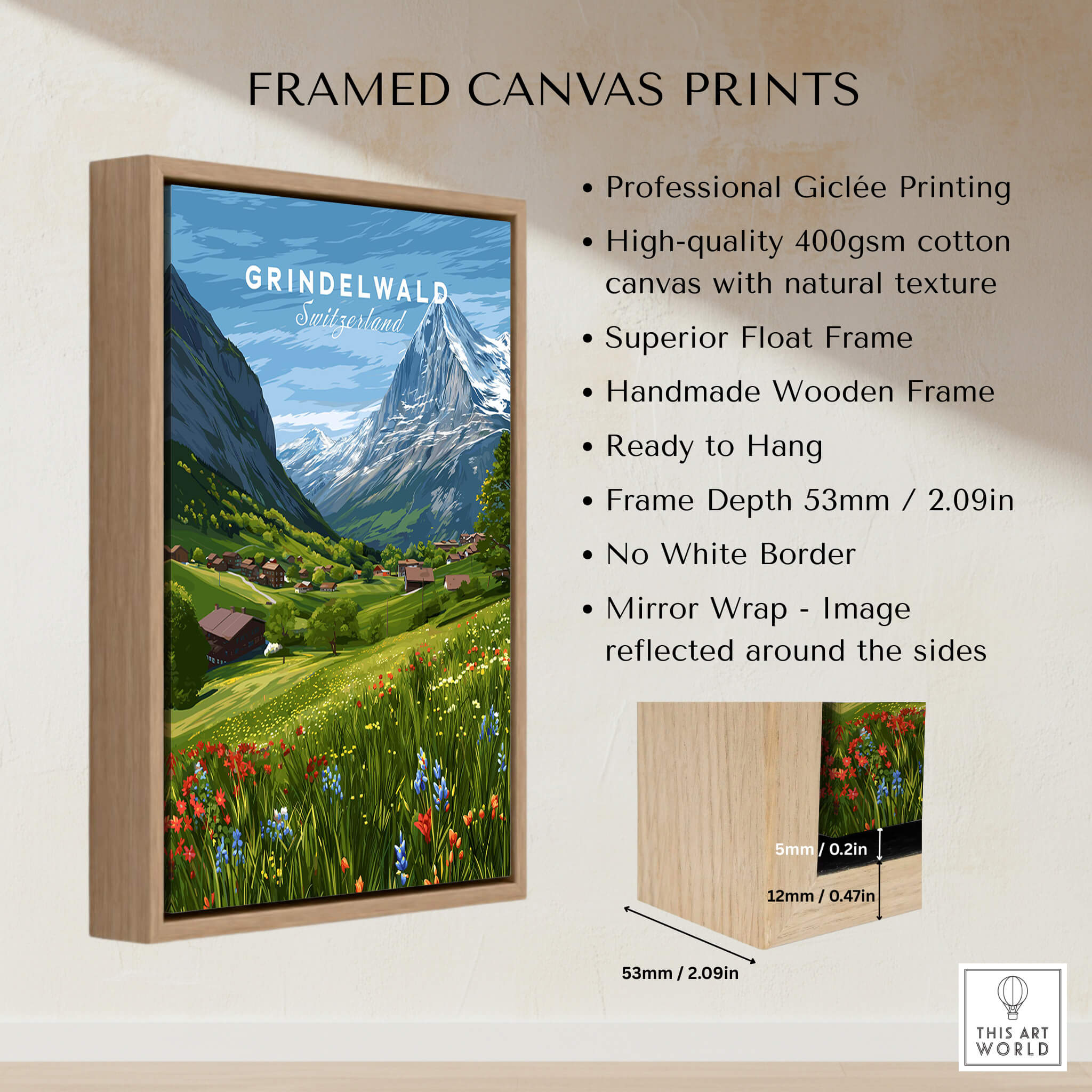 Grindelwald Switzerland Wall Art Print | Summer Alps Nature Travel Posters displayed in a framed canvas format.