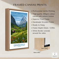 Grindelwald Switzerland Posters | Lush Green Mountain Valley Canvas Print framed with a natural wood finish.