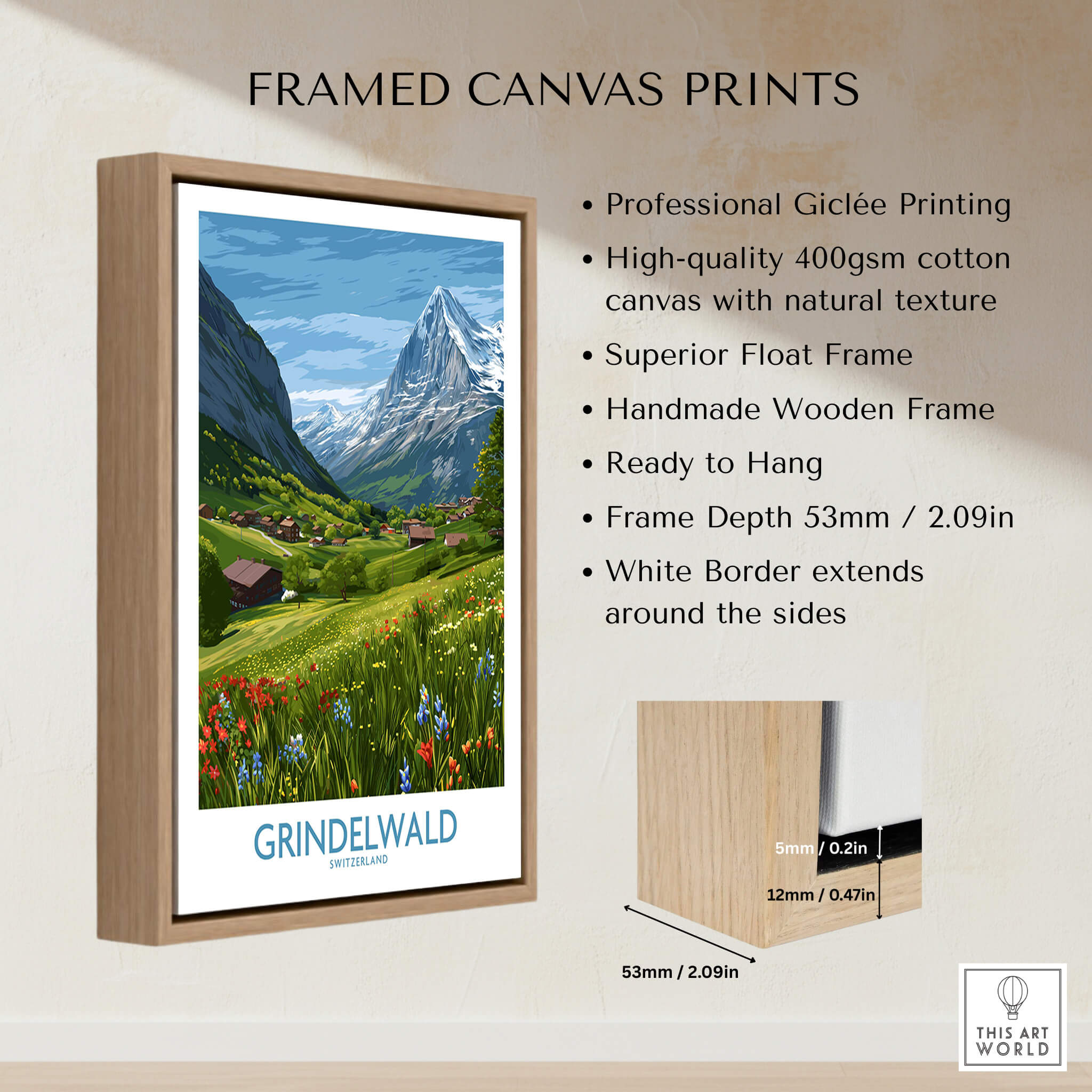 Grindelwald Switzerland Posters | Lush Green Mountain Valley Canvas Print framed with a natural wood finish.