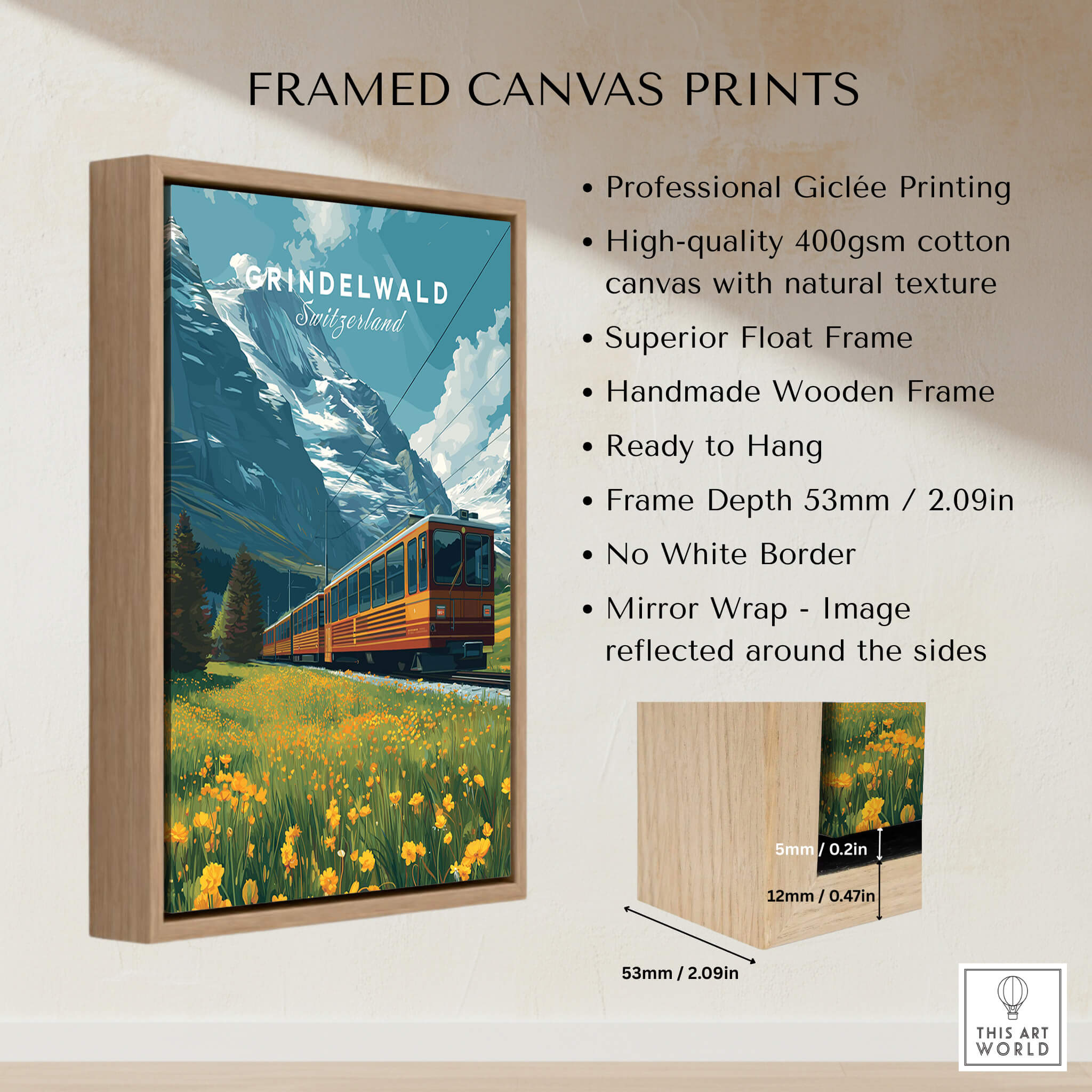 Grindelwald Switzerland Travel Poster | Iconic Mountain Railway Wall Art Print in a handmade wooden frame.