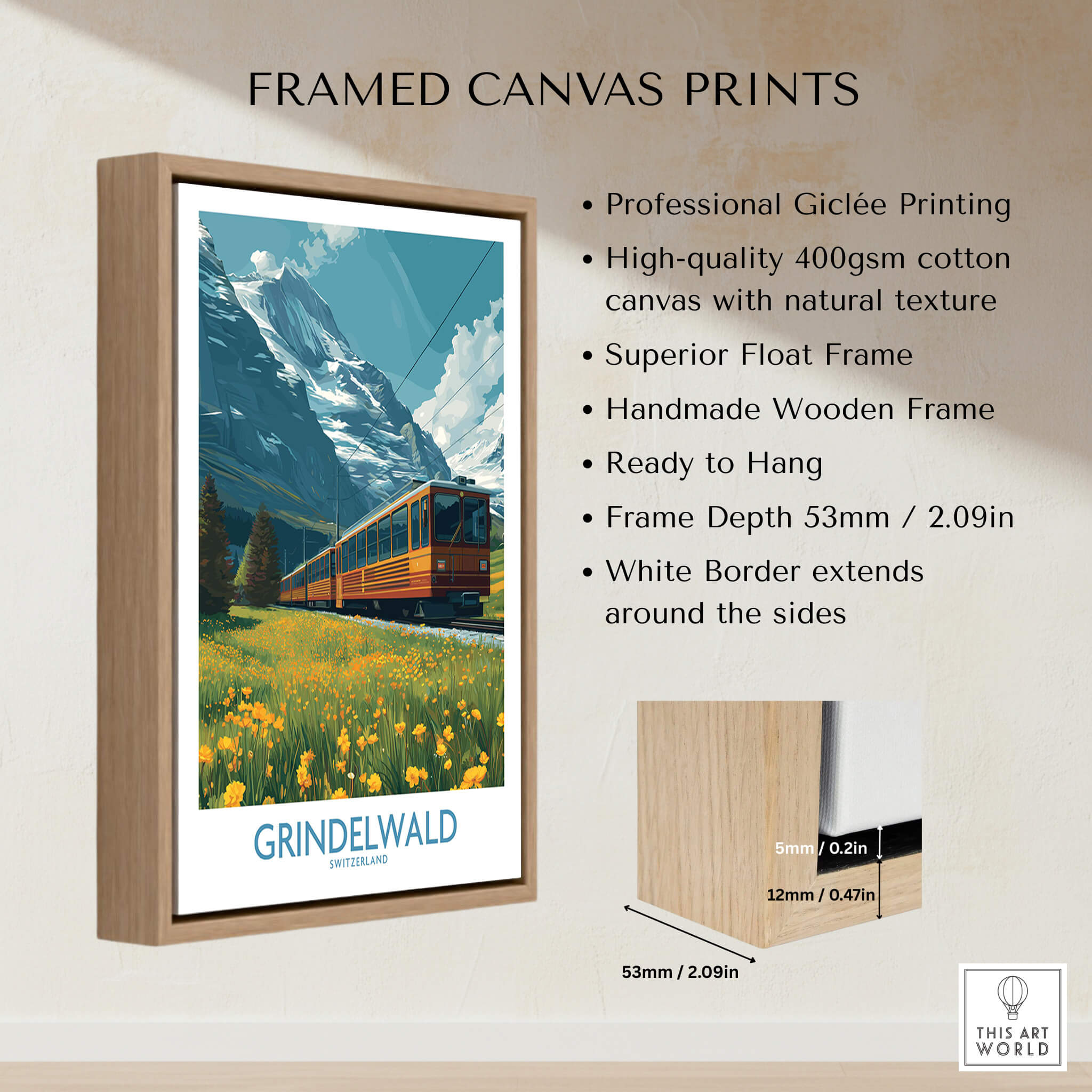 Grindelwald Switzerland Canvas Print | Swiss Alps Train Railway Scene Poster displayed in a stylish wooden frame.
