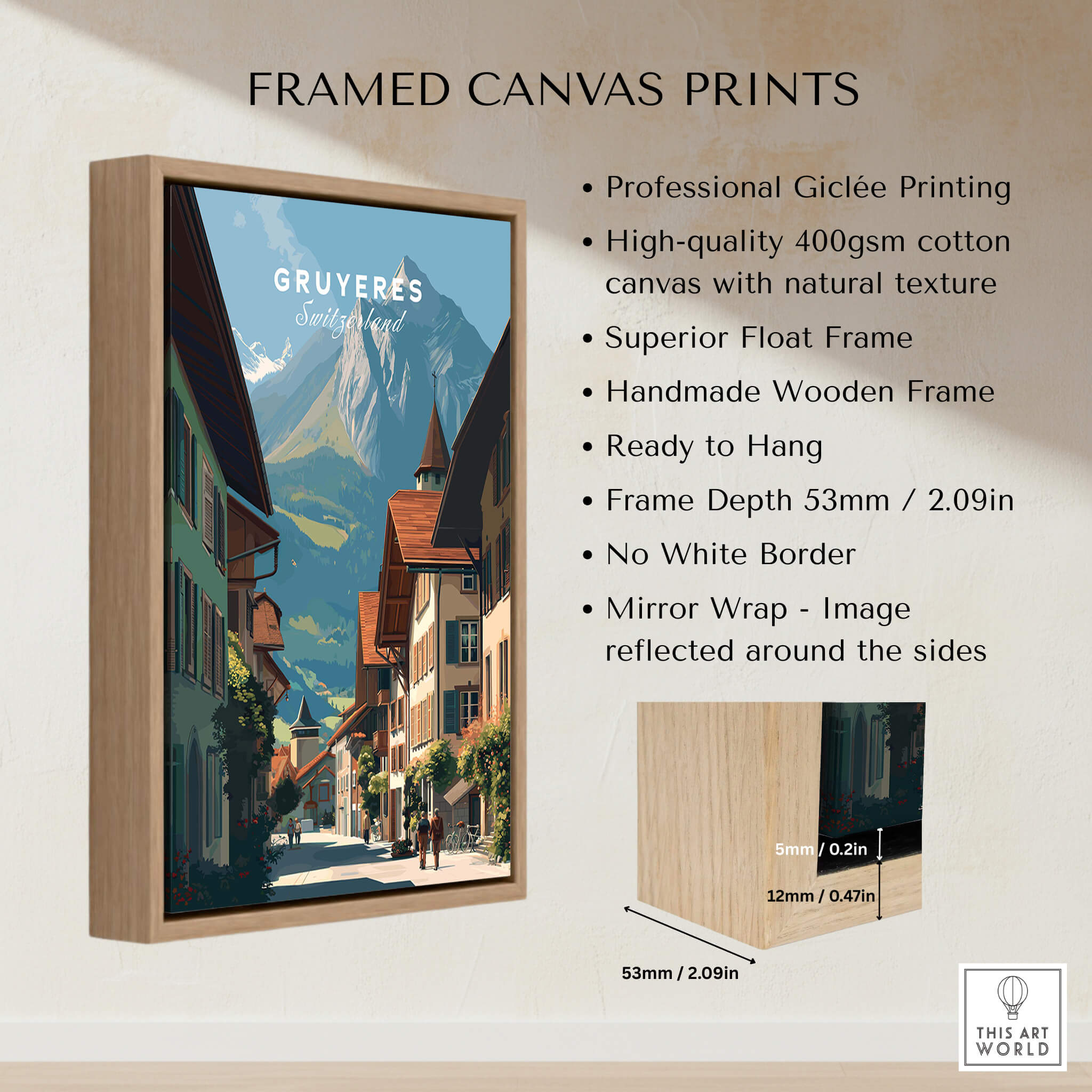 Gruyères Switzerland Wall Art Print | Medieval Village Street Travel Poster framed canvas print showcasing Alpine charm.
