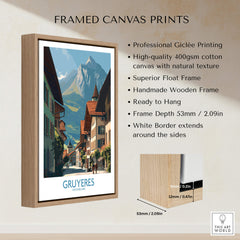 Gruyères Switzerland Poster | Historic European Town Architecture Canvas Print framed in a stylish wooden frame.