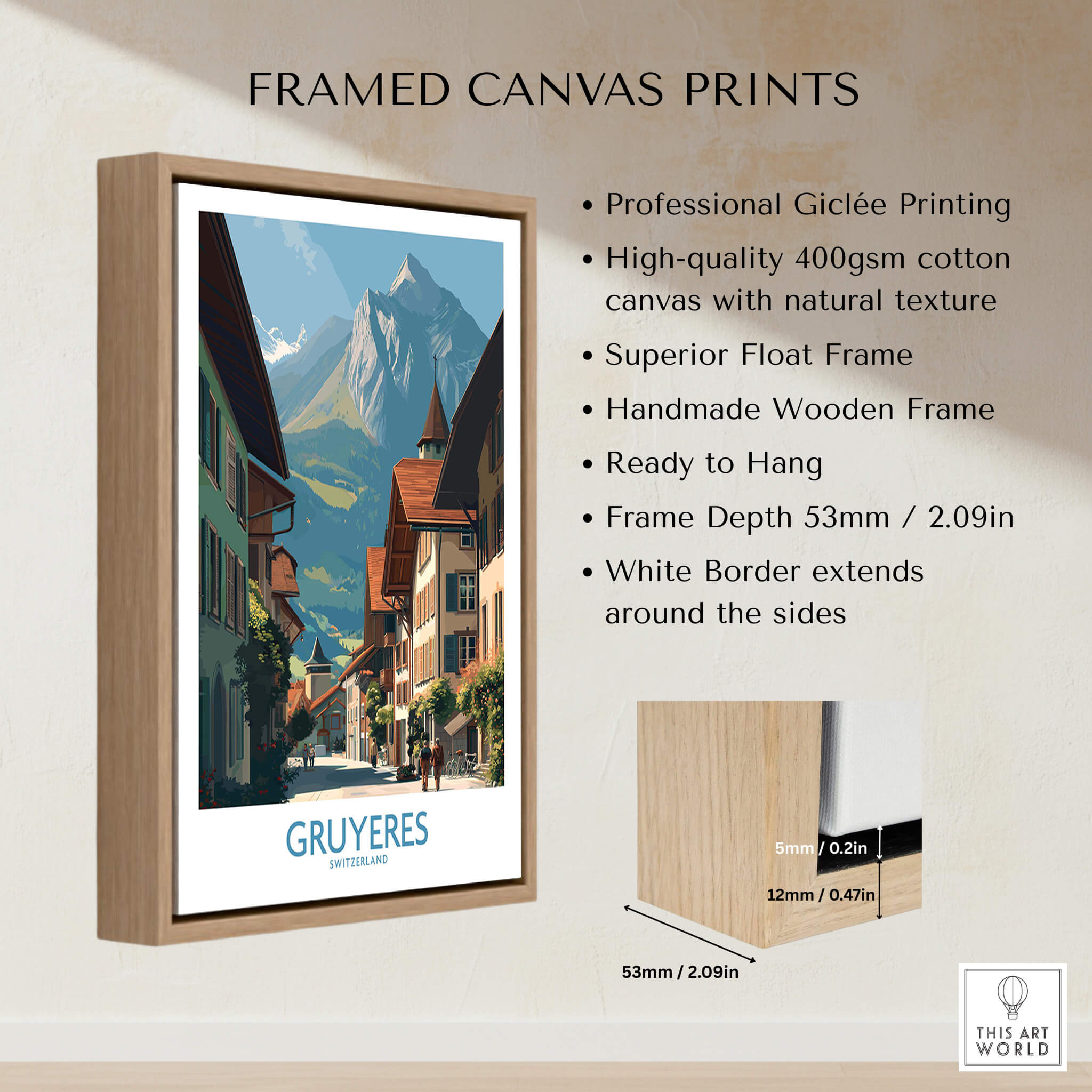 Gruyères Switzerland Poster | Historic European Town Architecture Canvas Print framed in a stylish wooden frame.
