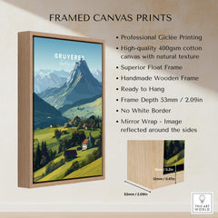 Gruyères Switzerland Travel Poster | Mountain Landscape Wall Art Print features a beautiful alpine print in a wooden frame.
