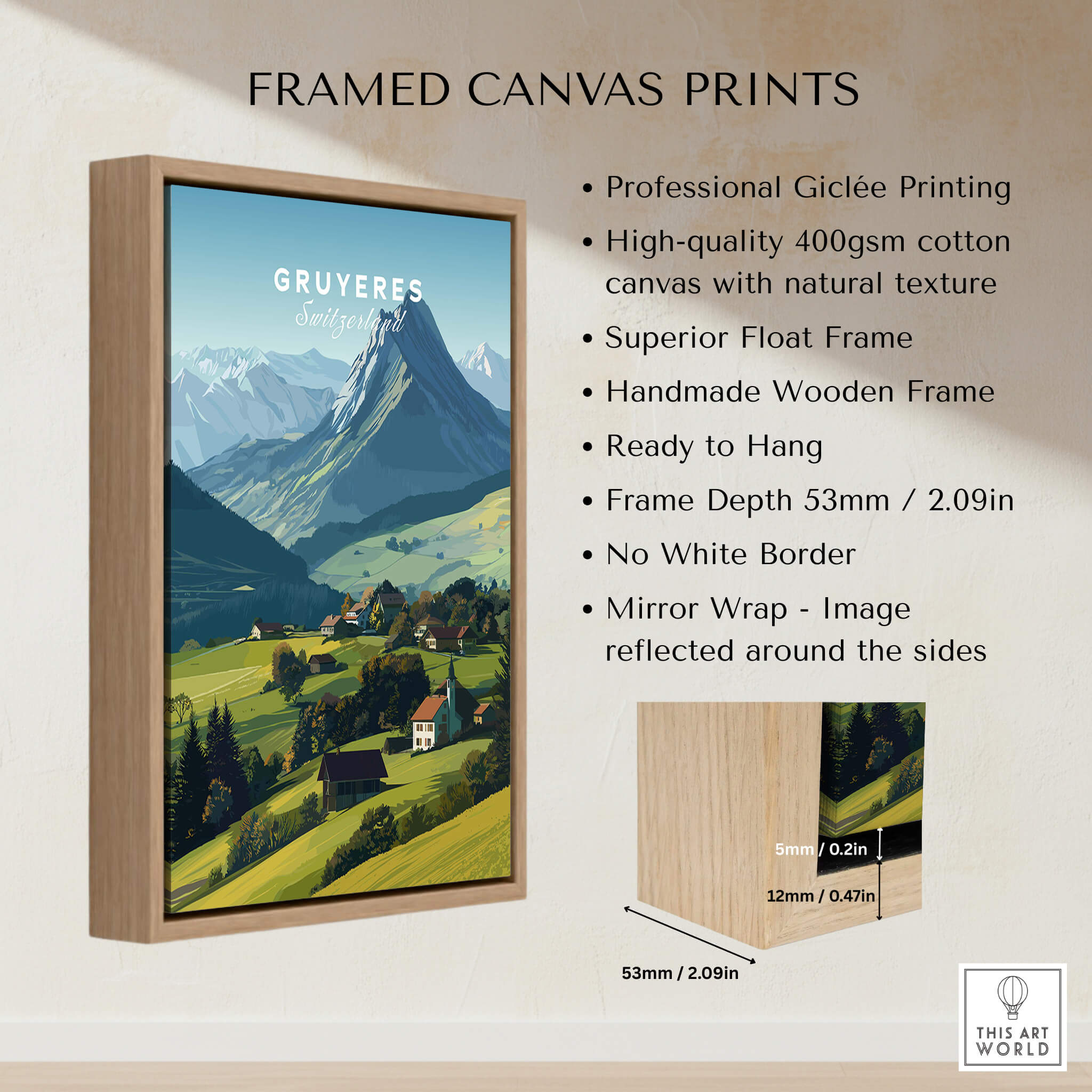 Gruyères Switzerland Travel Poster | Mountain Landscape Wall Art Print features a beautiful alpine print in a wooden frame.