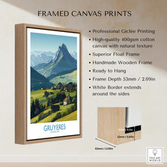 Gruyères Switzerland Canvas Print | Charming Swiss Countryside Scenery Poster framed with natural wood and high-quality finish.