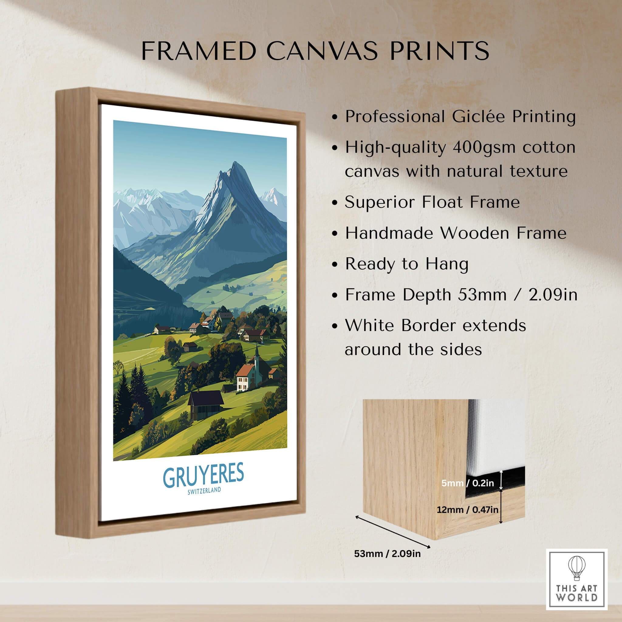 Gruyères Switzerland Canvas Print | Charming Swiss Countryside Scenery Poster framed with natural wood and high-quality finish.