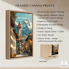 Gruyères Switzerland Wall Art Print | Swiss Travel Poster framed canvas print with wooden frame and mountain backdrop