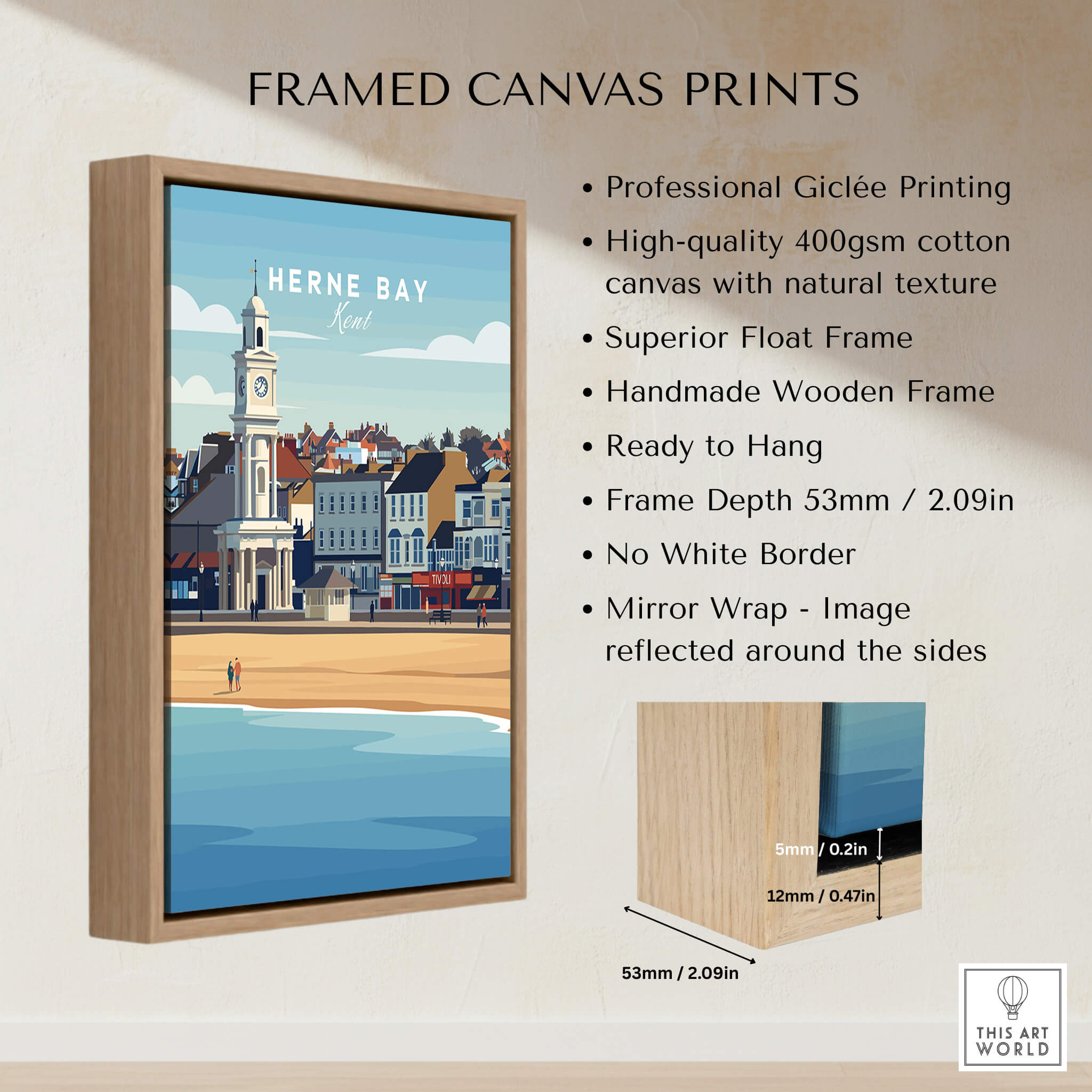Herne Bay Kent Wall Art Print | British Travel Poster in a handmade wooden frame