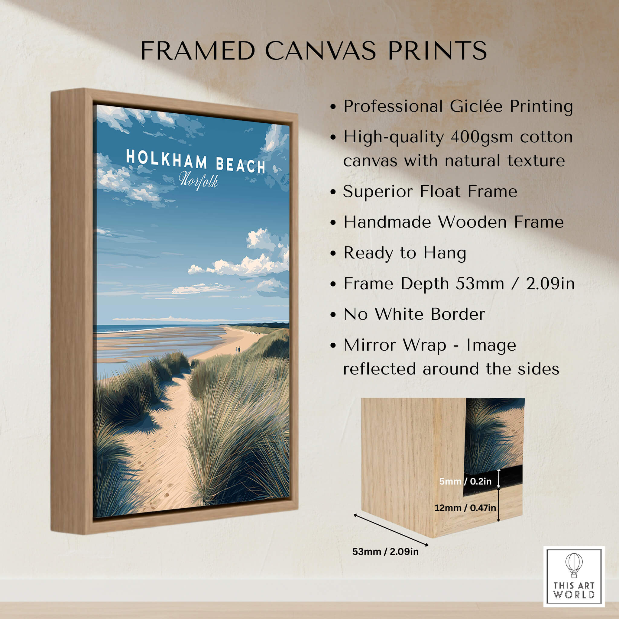 Holkham Beach Norfolk Wall Art Print | Coastal Sand Dunes Travel Poster displayed in a framed canvas print.