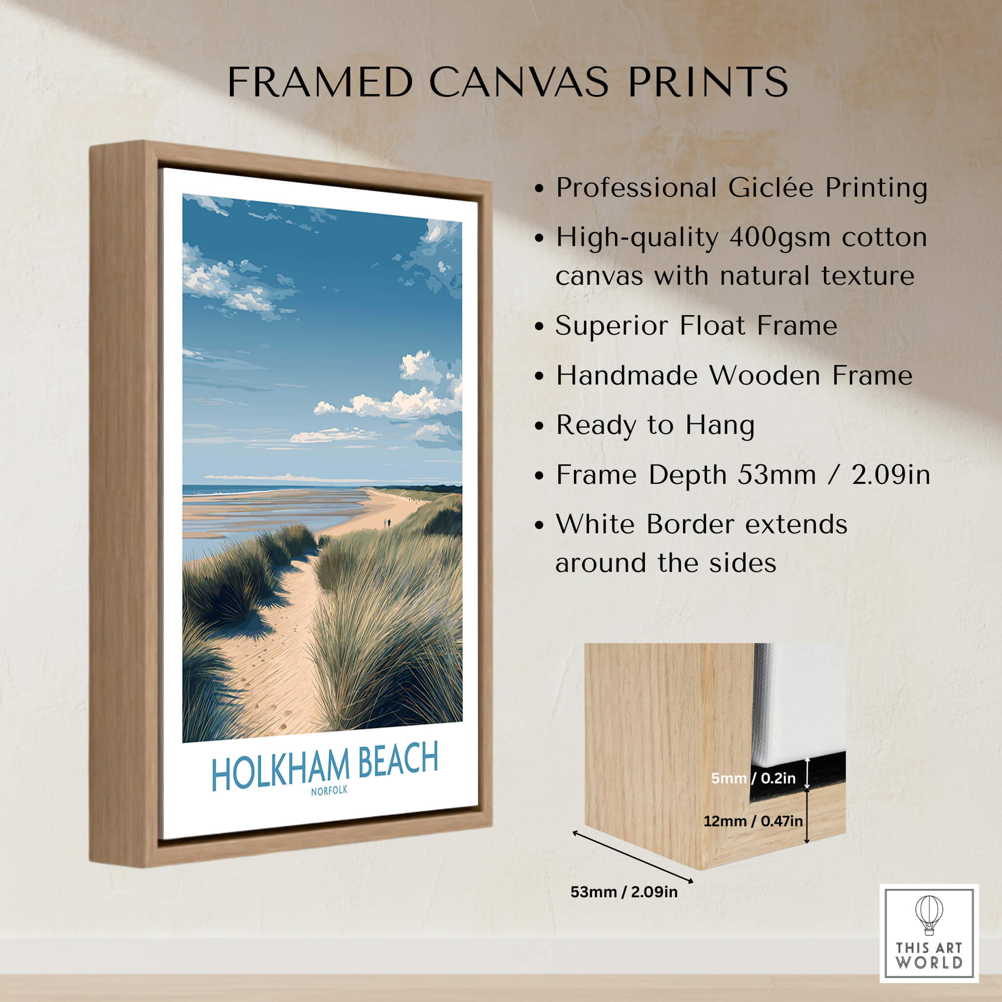Holkham Beach Norfolk Poster | North Norfolk Shoreline Nature Canvas Print displayed in a wooden frame with a white border.