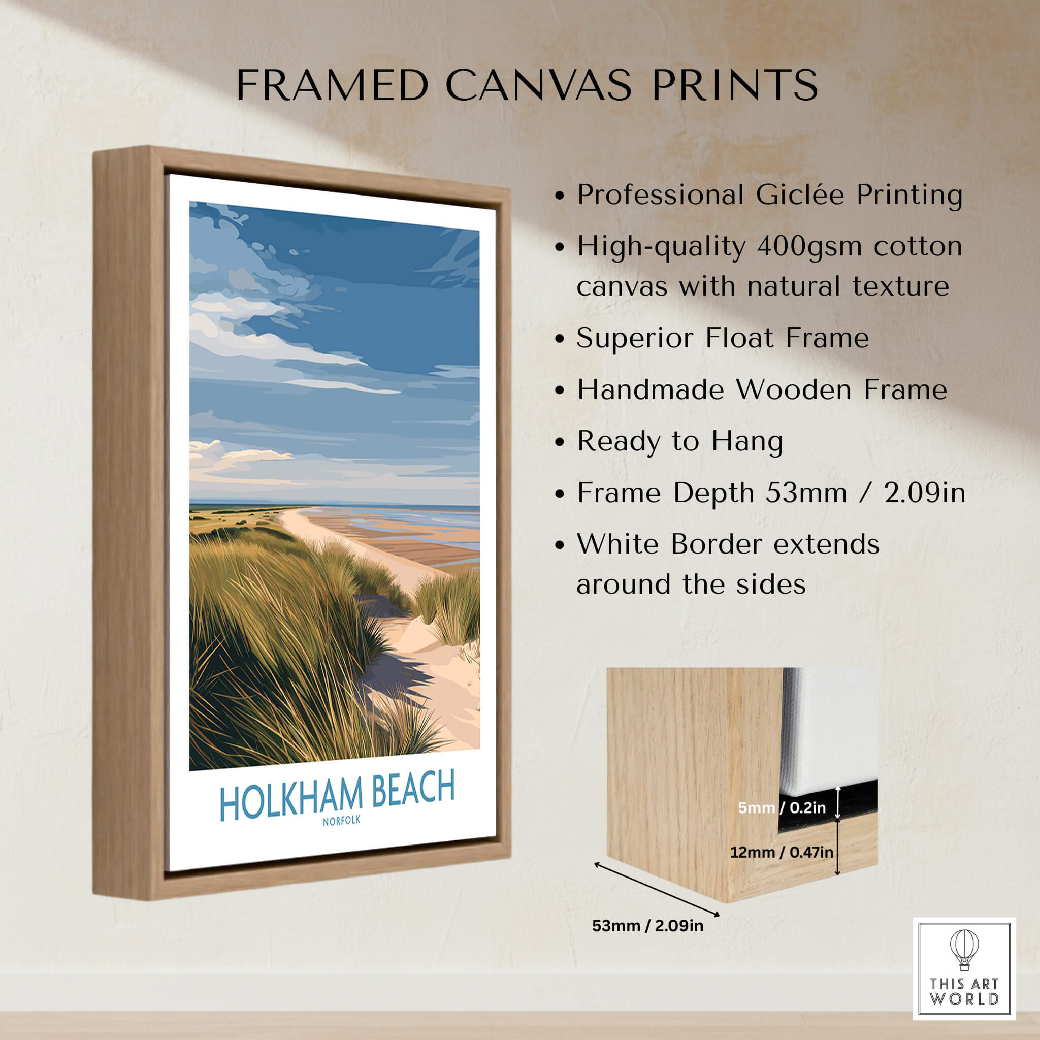 Holkham Beach Norfolk Canvas Print | Minimalist British Seaside Landscape Poster framed print showcasing elegant design and quality.