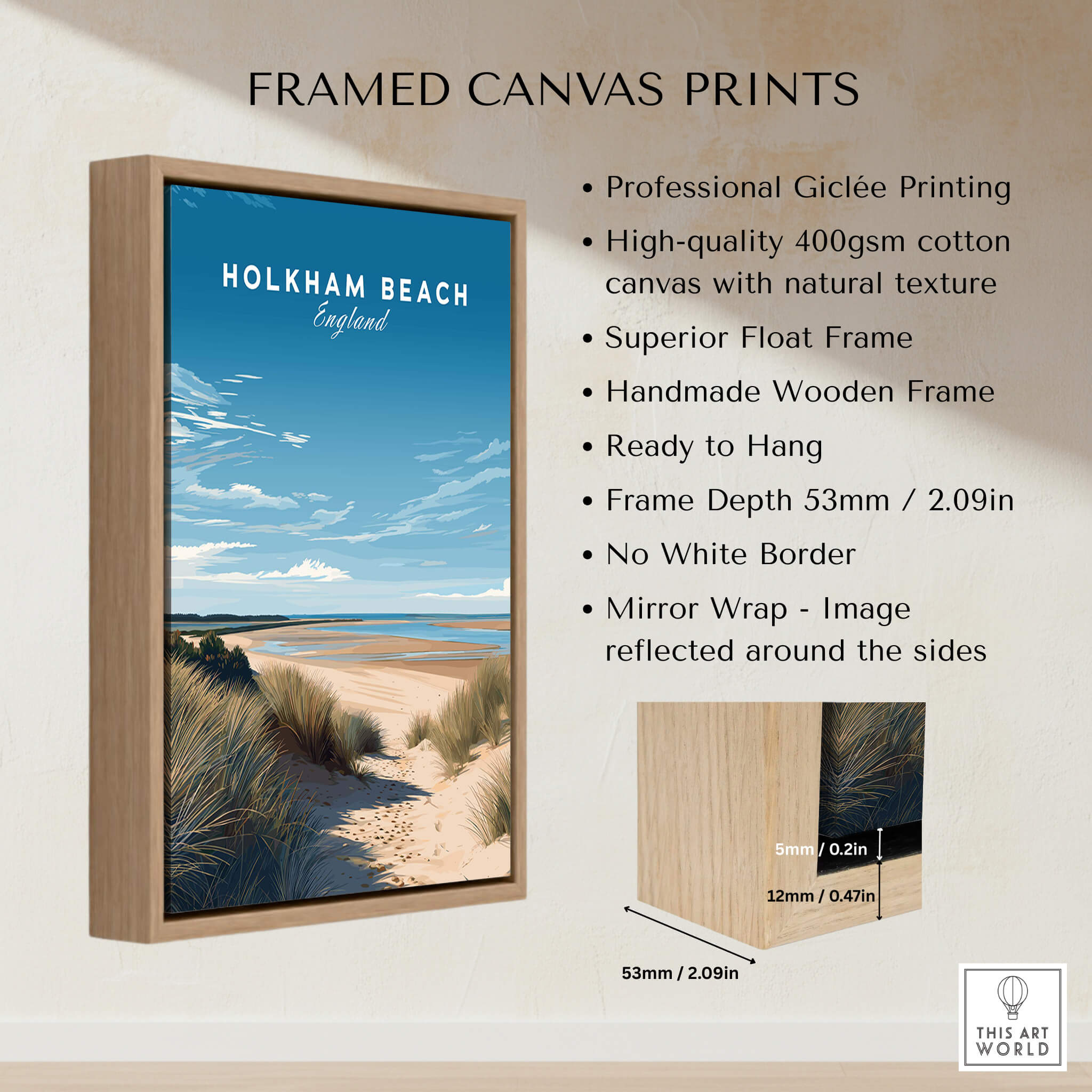Holkham Beach Norfolk Wall Art Print | British Beach Travel Poster showcasing framed canvas print with details.