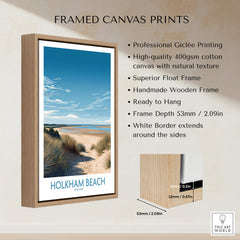 Framed canvas print of Holkham Beach Norfolk Poster | Serene Coastal Landscape Canvas Print showcasing professional giclée printing.