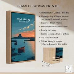 Holy Island Northumberland Wall Art Print | Lindisfarne Sunset Travel Poster framed canvas print with wooden frame.