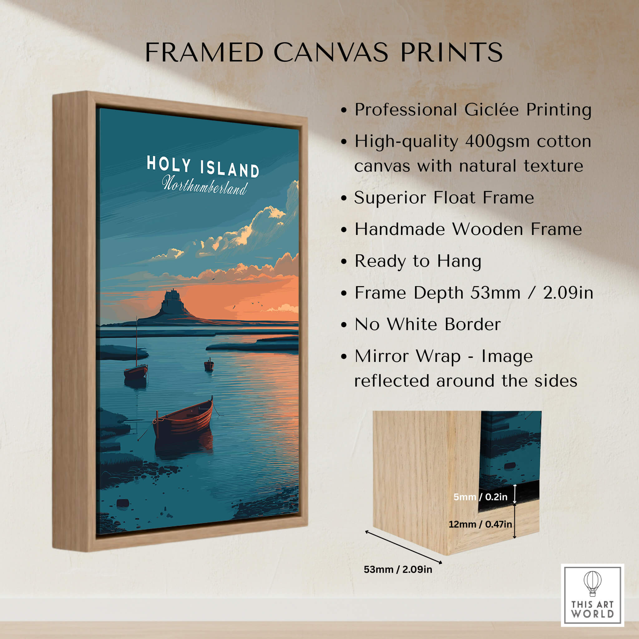Holy Island Northumberland Wall Art Print | Lindisfarne Sunset Travel Poster framed canvas print with wooden frame.
