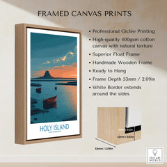 Holy Island Northumberland Poster | Coastal Castle Sunset Canvas Print framed with a wooden border and high-quality printing.