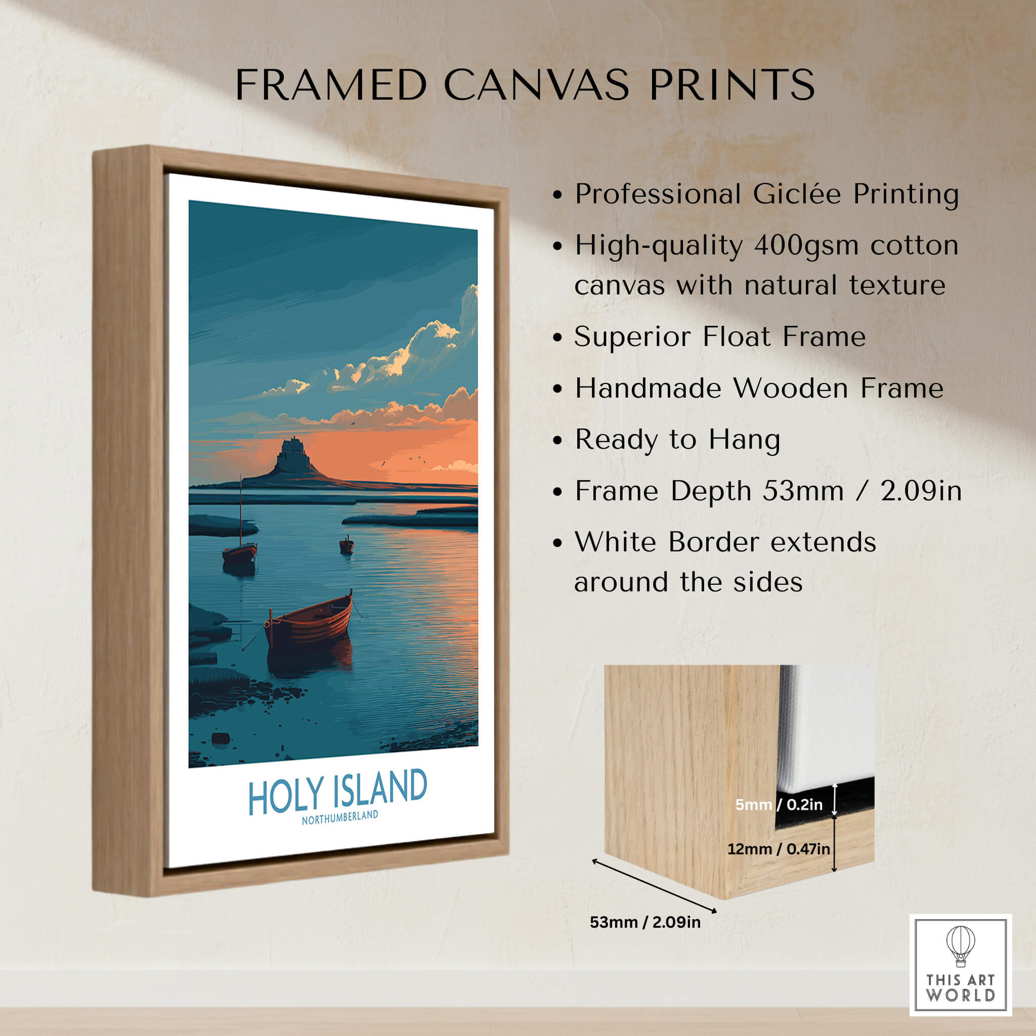Holy Island Northumberland Poster | Coastal Castle Sunset Canvas Print framed with a wooden border and high-quality printing.