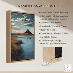 Holy Island Northumberland Travel Poster | Lindisfarne Castle Wall Art Print on a framed canvas display.