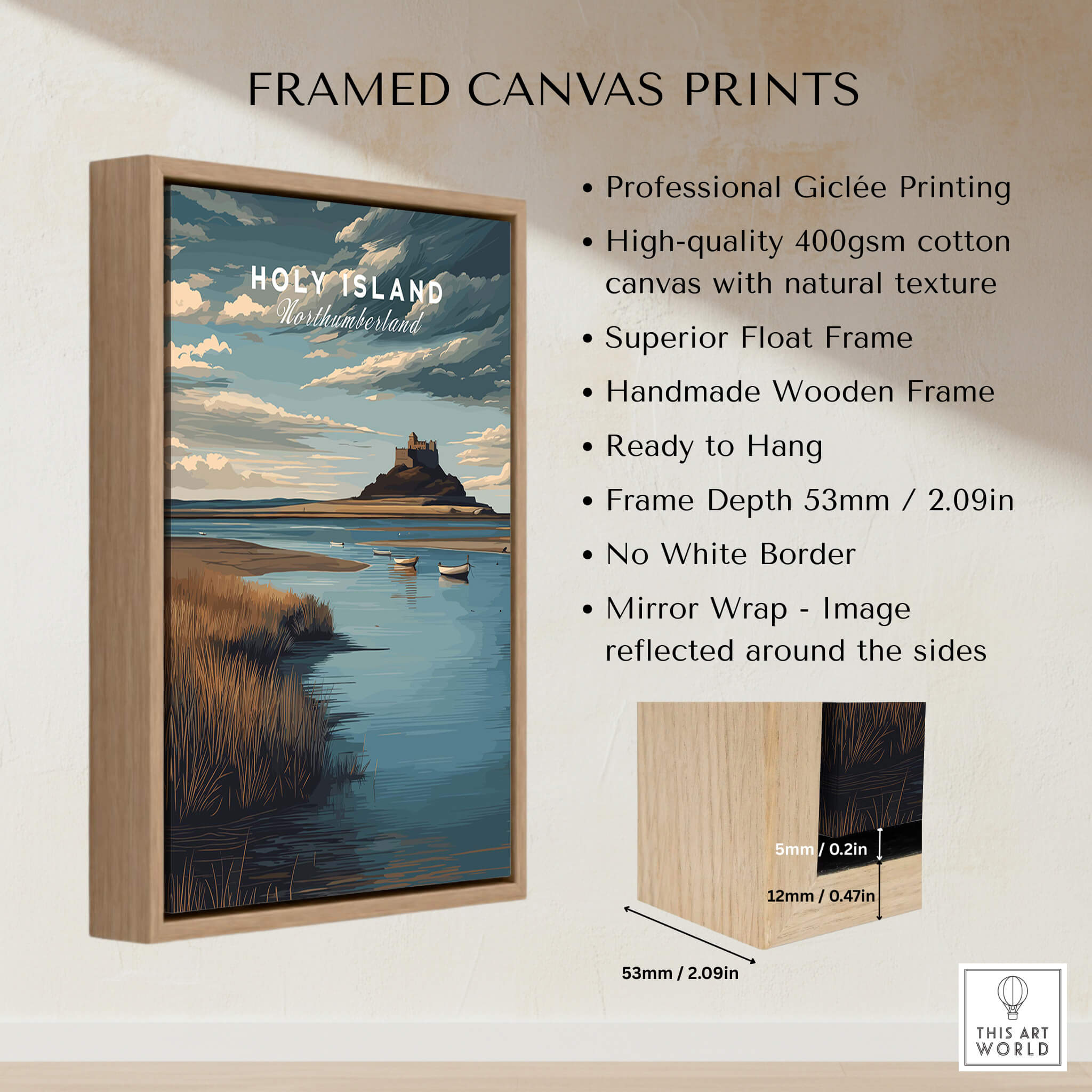 Holy Island Northumberland Travel Poster | Lindisfarne Castle Wall Art Print on a framed canvas display.