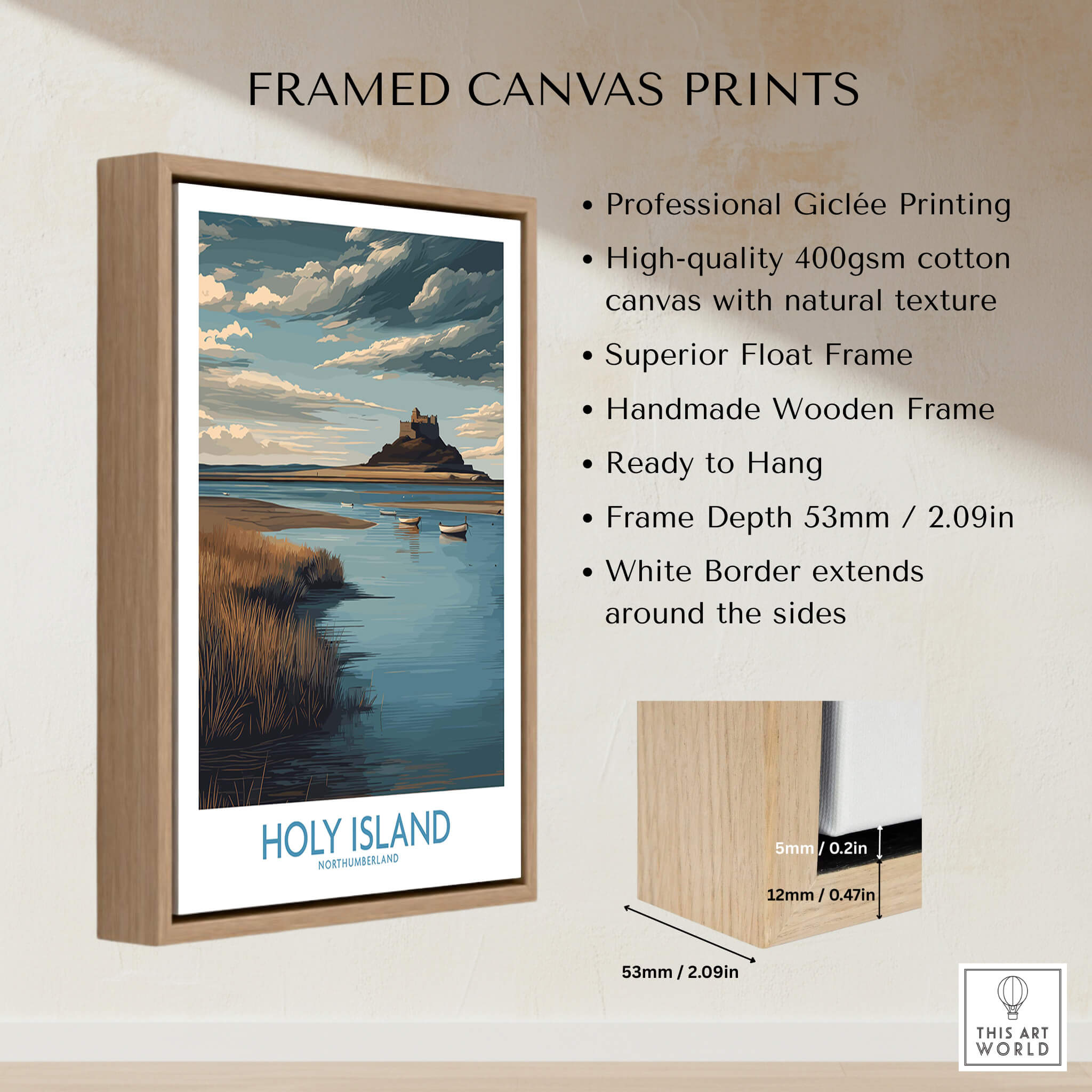 Holy Island Northumberland Poster | Historic England Coast Canvas Print framed canvas print with wooden frame and high-quality finish