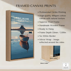 Holy Island Northumberland Wall Art Print | Serene Boat Scene Travel Poster framed canvas print with wooden frame