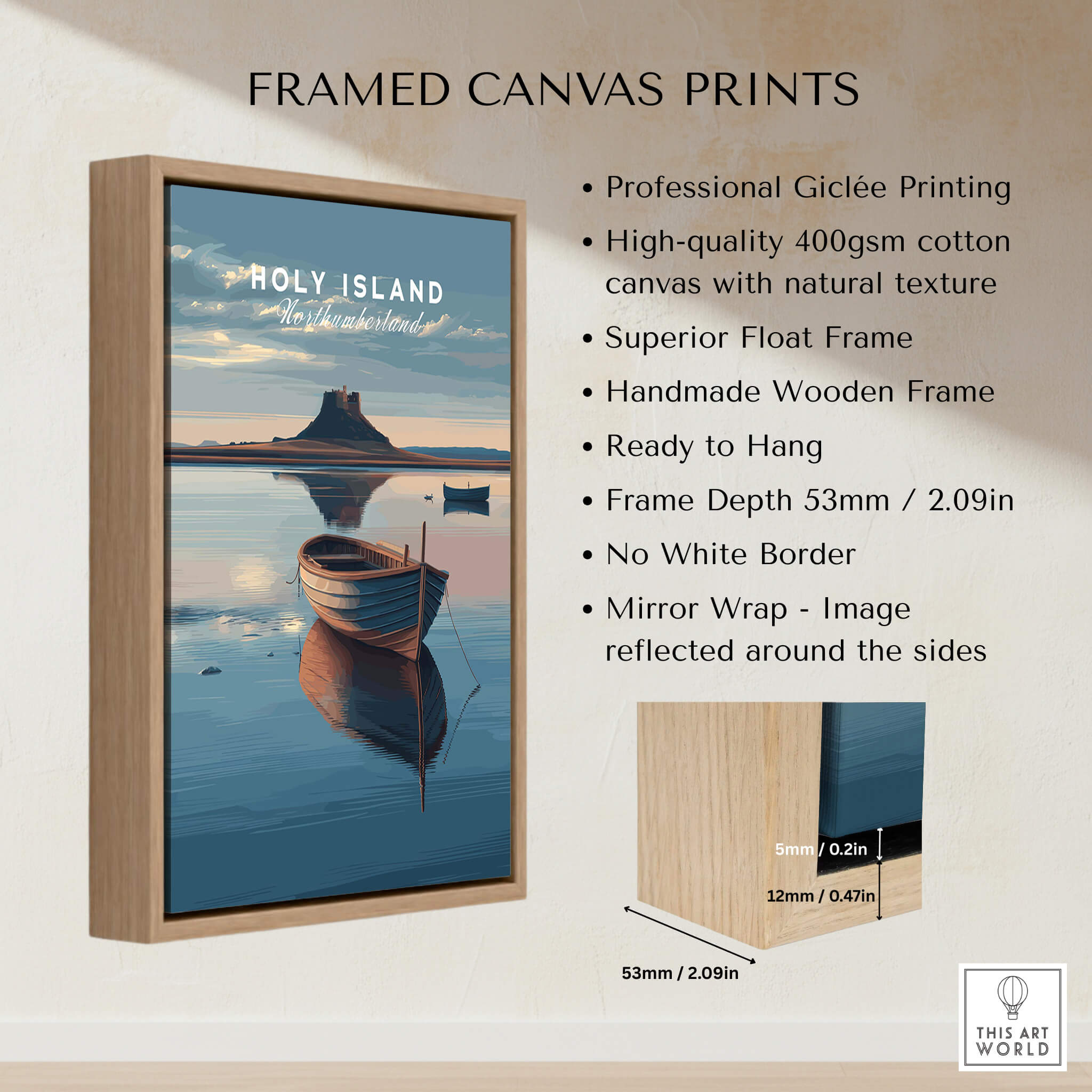 Holy Island Northumberland Wall Art Print | Serene Boat Scene Travel Poster framed canvas print with wooden frame