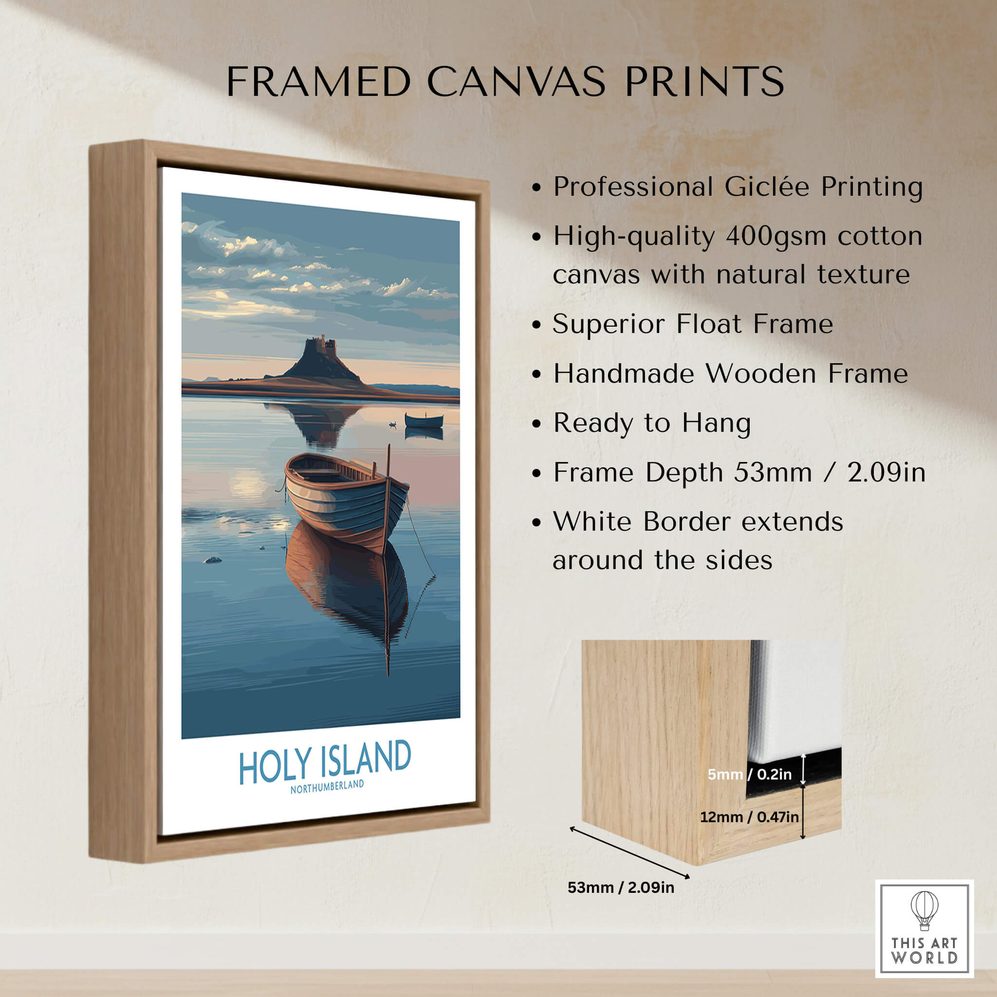 Holy Island Poster Northumberland | Lindisfarne Canvas Print showcasing framed canvas with boat and coastline.